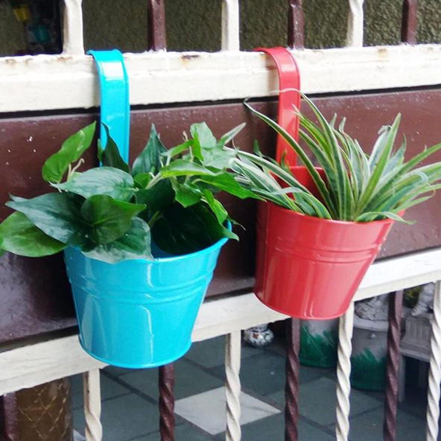 Garden Planters Wonderland | Set Of 2 Hanging Railing Buckets In Red & Blue, Planter, Planters, Balcony Planters, Garden Pots And Planters