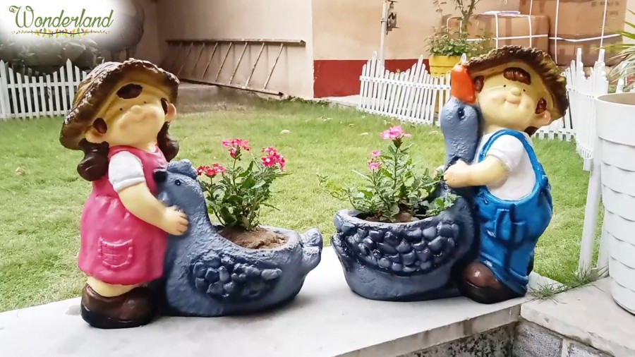 Garden Planters Wonderland | (Set Of 2) Boy & Girl With Duck Pot Planter For Garden Decoration