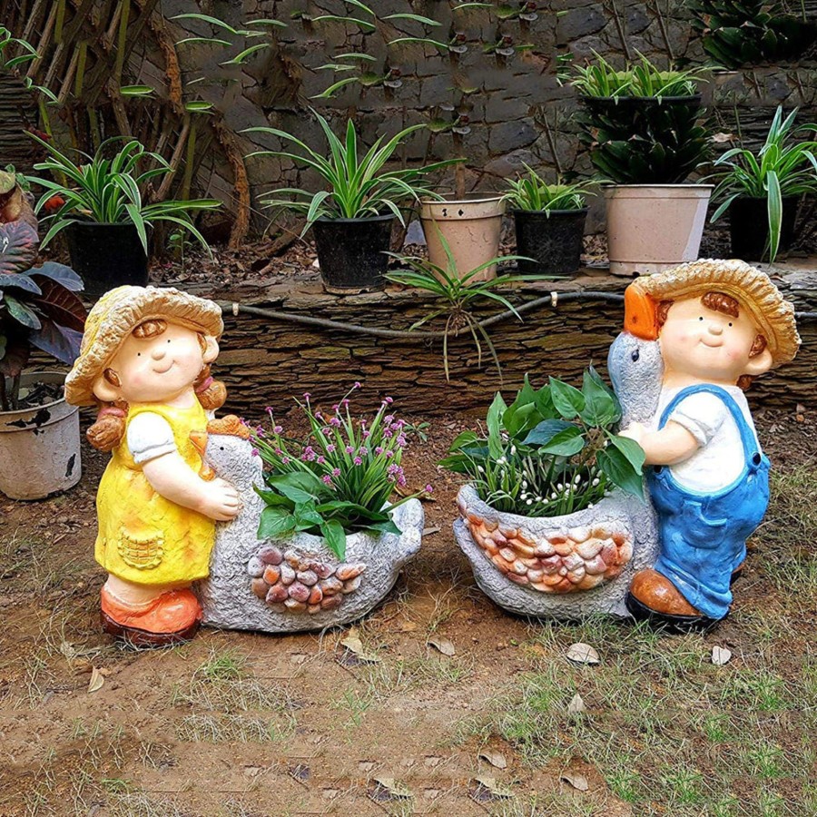 Garden Planters Wonderland | (Set Of 2) Boy & Girl With Duck Pot Planter For Garden Decoration