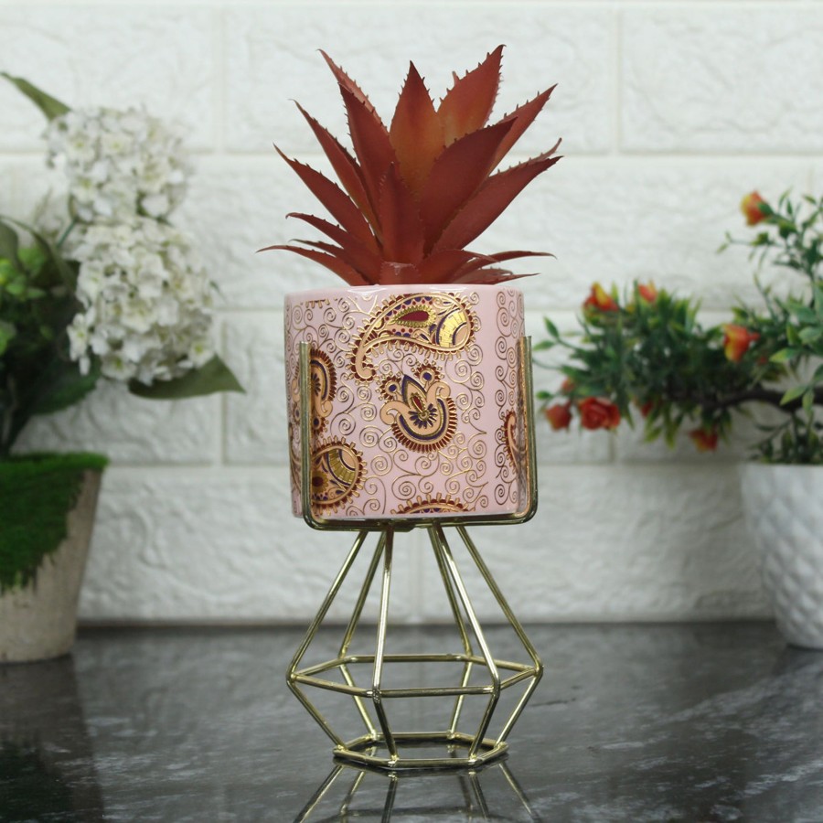 Artificial Turf Plants Wonderland | Pink And Gold Ceramic Pot With Artificial Succulent And Stand