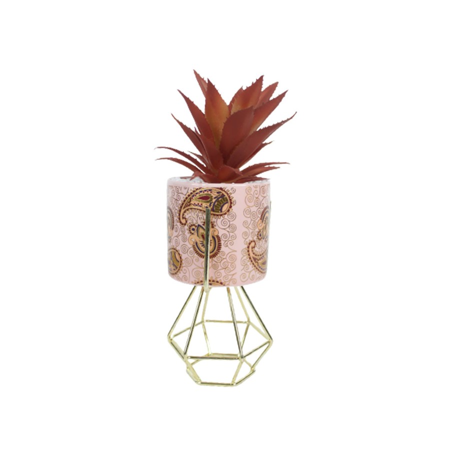 Artificial Turf Plants Wonderland | Pink And Gold Ceramic Pot With Artificial Succulent And Stand