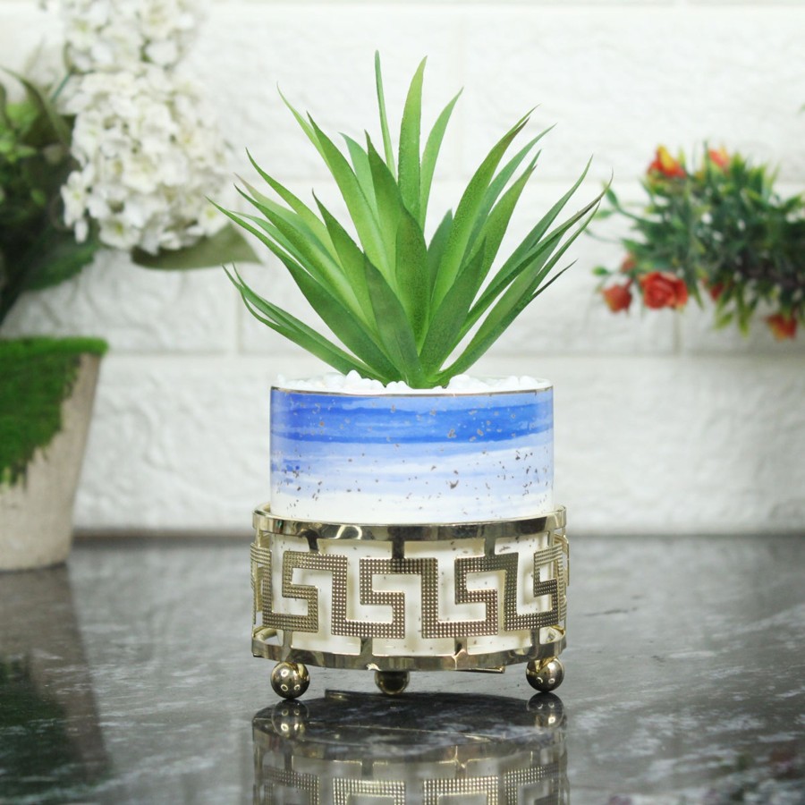 Garden Planters Wonderland | Blue And Gold Ceramic Pots With Artificial Plant (Table Top)