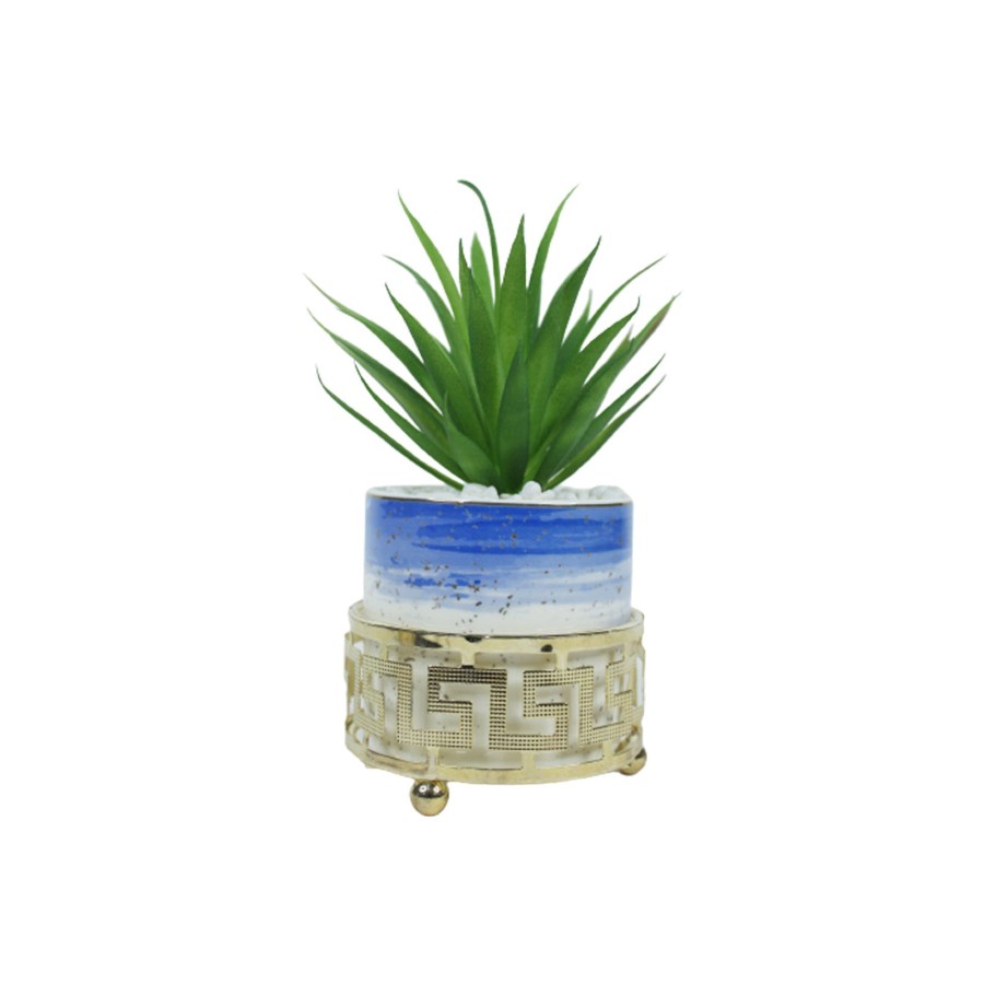 Garden Planters Wonderland | Blue And Gold Ceramic Pots With Artificial Plant (Table Top)