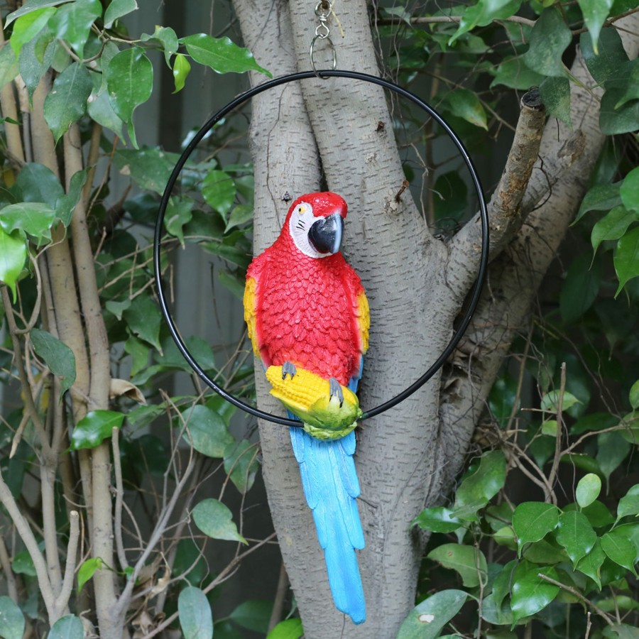 Garden Decor Wonderland Garden Arts and Craft Garden Statues | Imported Red Parrot In Ring For Hanging, Home And Garden Decor