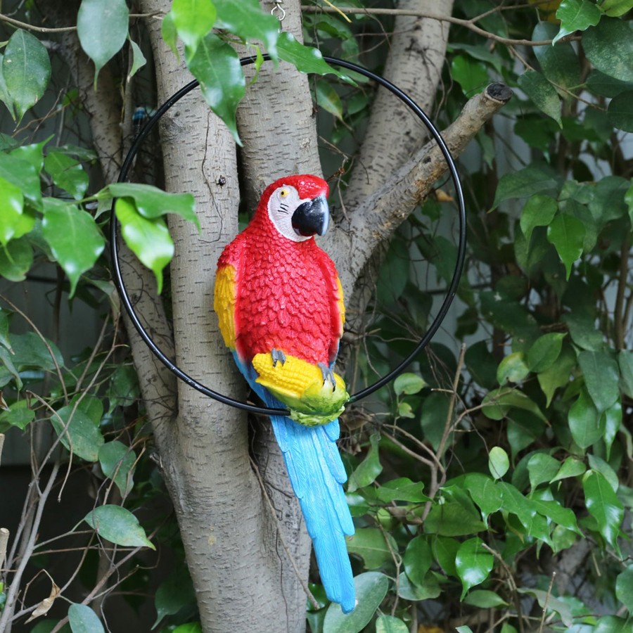 Garden Decor Wonderland Garden Arts and Craft Garden Statues | Imported Red Parrot In Ring For Hanging, Home And Garden Decor