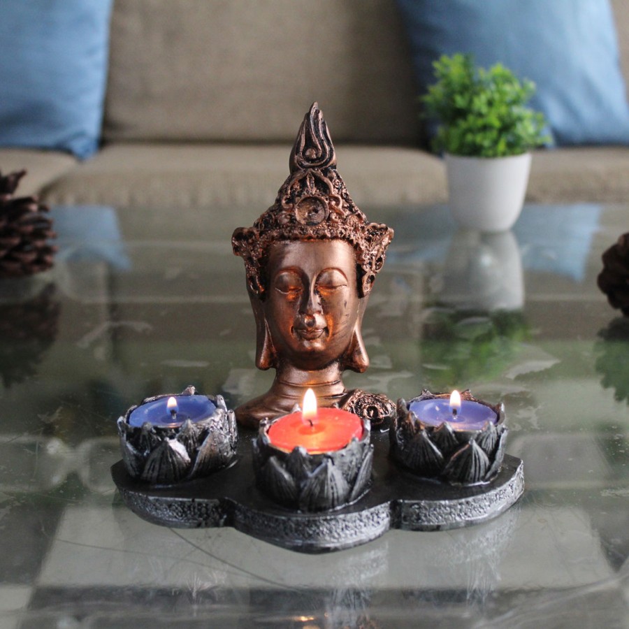 Home Decor Wonderland Table Top Decor | Wonderland Buddha Idol Statue Showpiece With (Grey)Candle Holder For Living Room Home Decor And