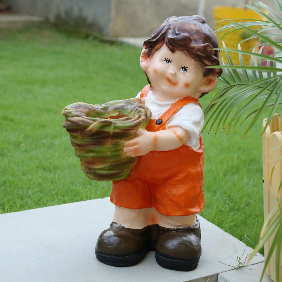 Garden Planters Wonderland | Wonderland Boy Holding Basket Planter (Orange) | Resin Garden Pots| Can Grow Real Plants