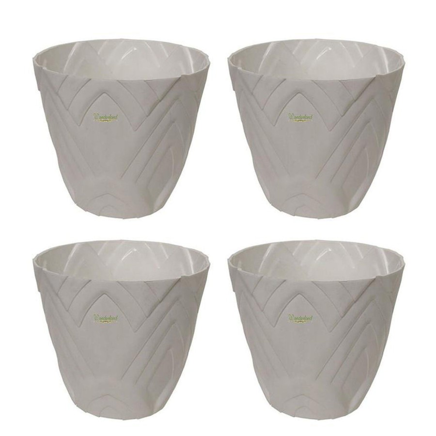 Garden Planters Wonderland | Set Of 4 : White Lotus 8 Inches Pp/ Pvc / High Quality Plastic Planter