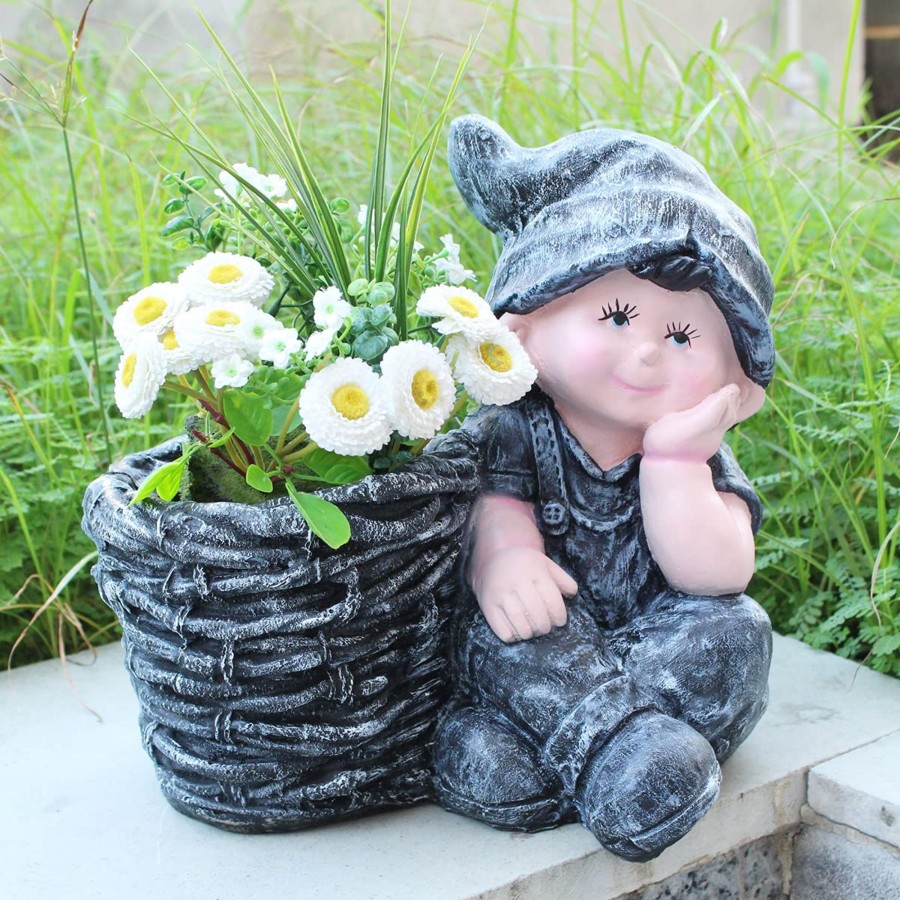 Garden Planters Wonderland | Boy With Pot Planter For Balcony And Garden Decoration (Dark Grey)