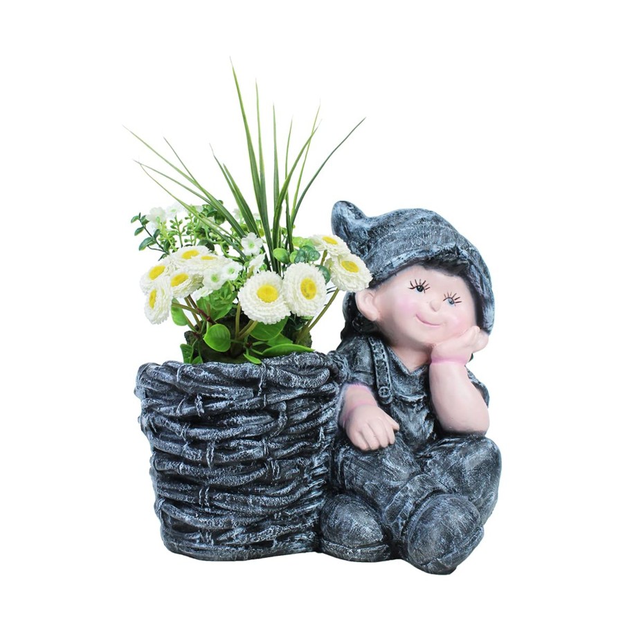 Garden Planters Wonderland | Boy With Pot Planter For Balcony And Garden Decoration (Dark Grey)