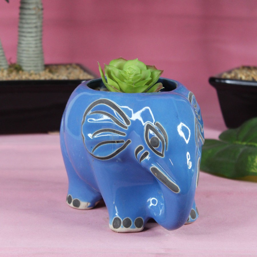 Garden Planters Wonderland | Ceramic New Elephant Flower Pot Planter (Blue)