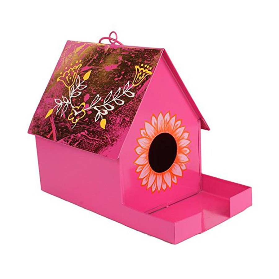 Garden Decor Wonderland Metal Yard Art | Hanging Bird House With Feeder For Garden Decoration (Pink)