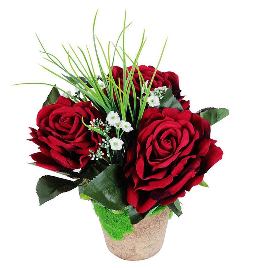 Artificial Turf Plants Wonderland | Artificial Flower Three Rose In Red With Moss & Brown Pot