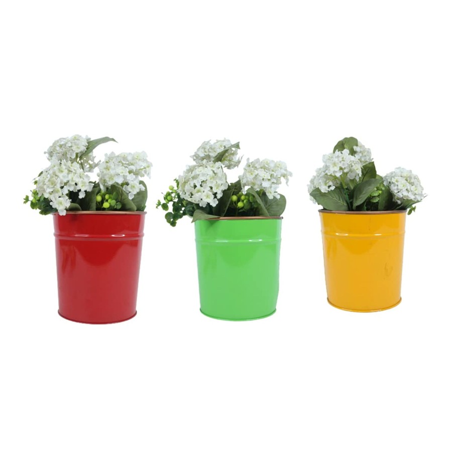 Garden Planters Wonderland | (Set Of 3) Plain Metal Pots For Home And Garden Decoration (Red/Green/Yellow)