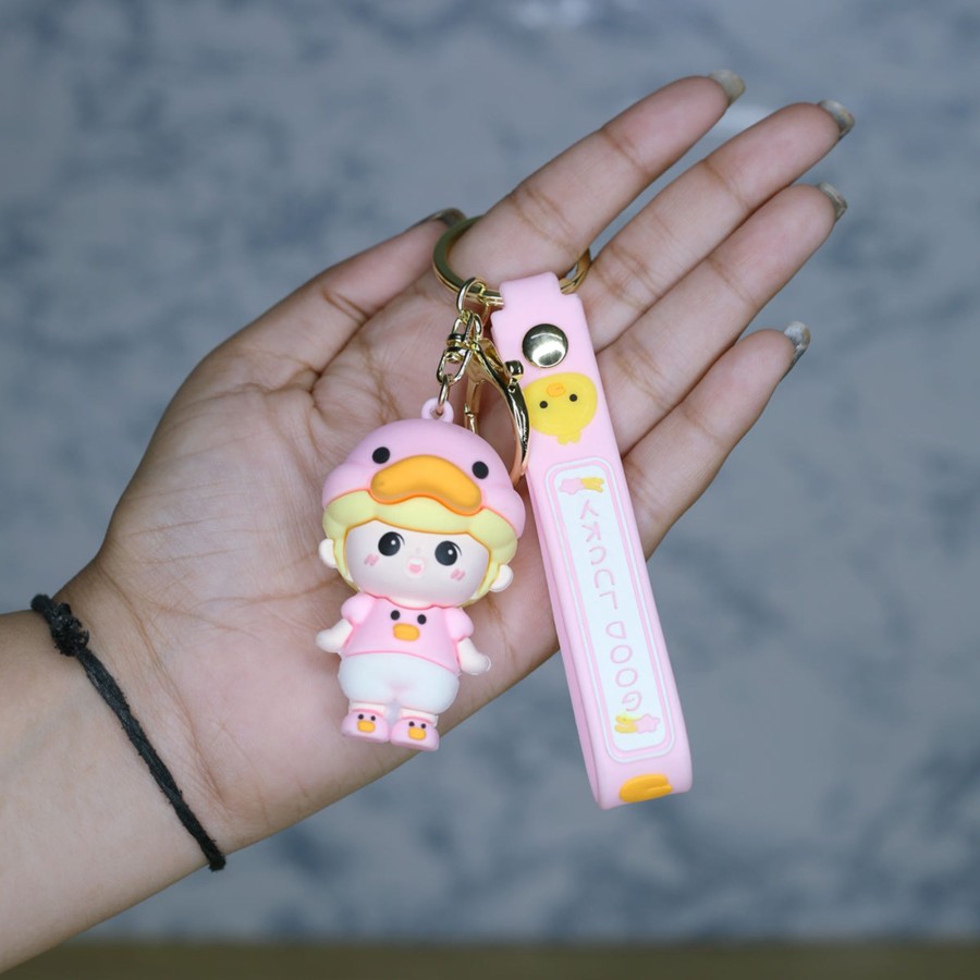 Gifts Wonderland Garden Arts and Craft | Duck Shape Doll Cartoon Style Keychain With Band ( Yellow And Pink)