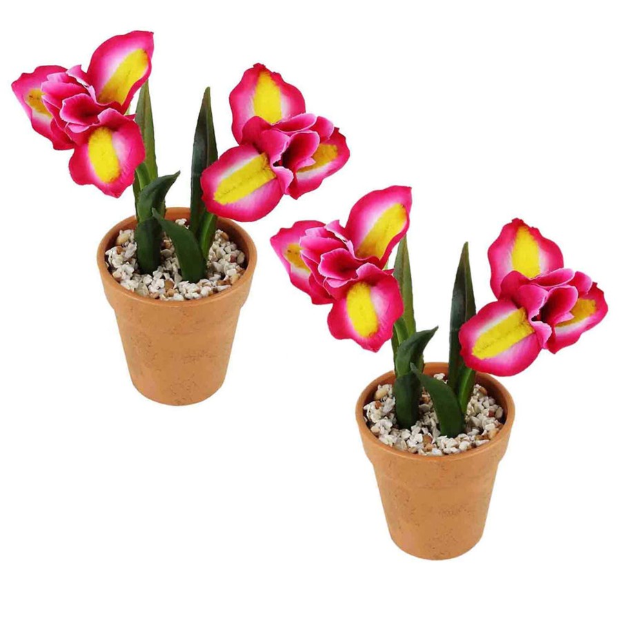 Artificial Turf Plants Wonderland | Pink& Yellow Flower With Plastic Pot (Set Of 2) Artificial Flower With Plastic Pot And Gravel