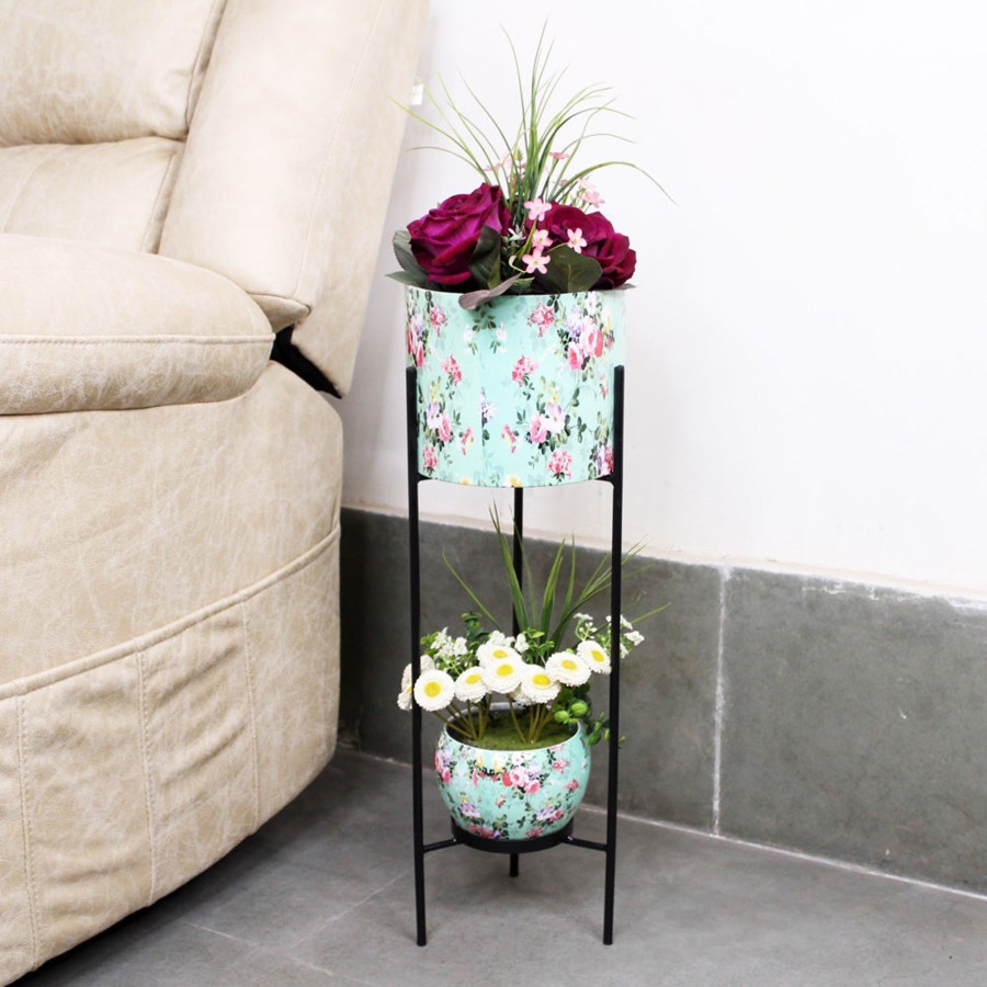 Garden Planters Wonderland | Floral Printed 2 Tier Planter With Stand (Blue)