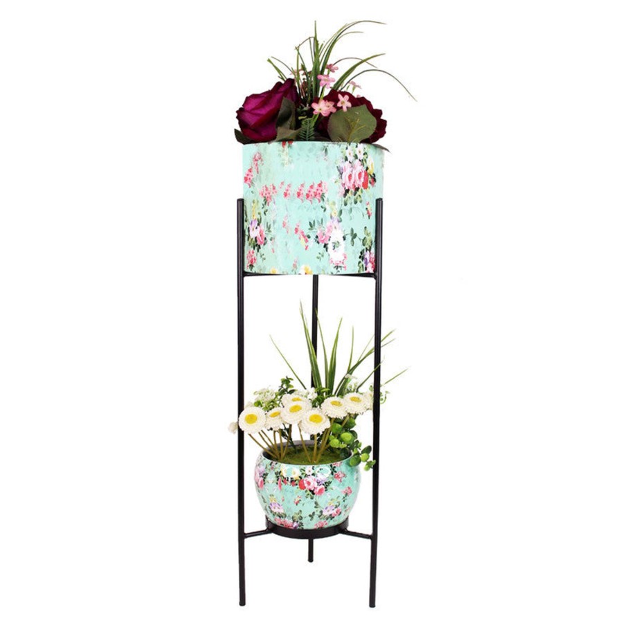 Garden Planters Wonderland | Floral Printed 2 Tier Planter With Stand (Blue)