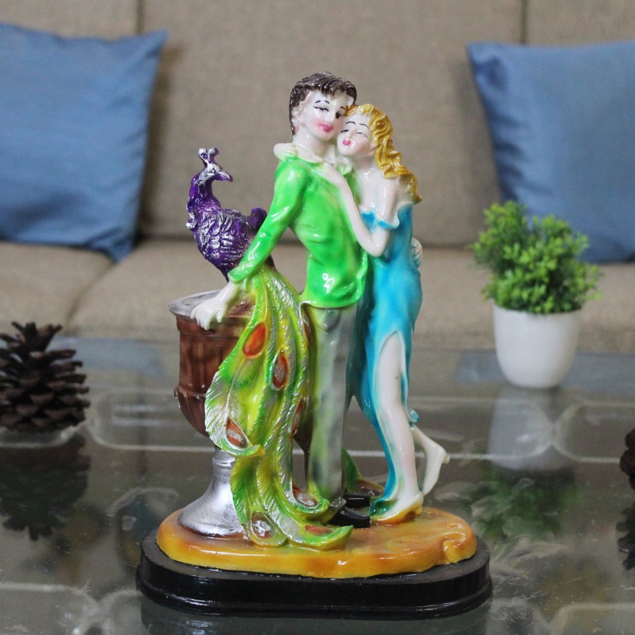 Home Decor Wonderland Human Figurine | Wonderland Romantic Love Couple Statue Showpiece For Valentine Day, Standing Couple Sculpture Gift For Home Decor, Table Top, Couple. (Green & Sky Yelllow )