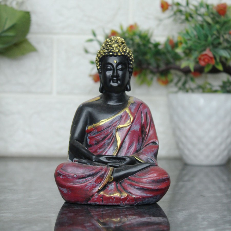 Garden Decor Wonderland Buddha And Monk Statue | (5 Inch) Small Buddha Statue (Maroon)