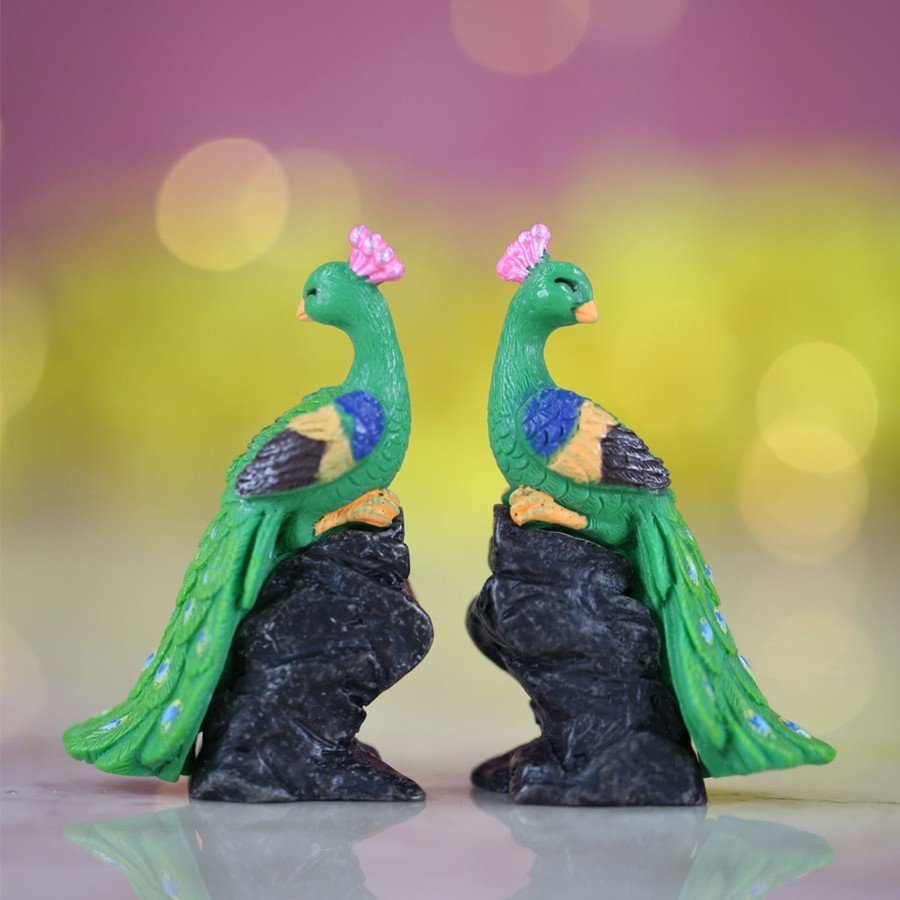 Miniature Fairy Garden Wonderland | Wonderland Miniature Toys Sitting On Rock Peacock On Stone (Green Set Of 2)