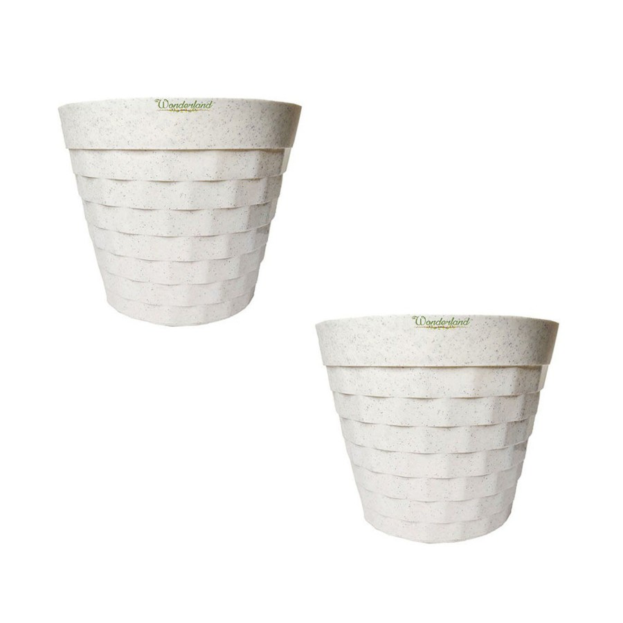 Garden Planters Wonderland | Plastic Plates : 12 Inch Marble White Brix Plastic Pot (Set Of 2)