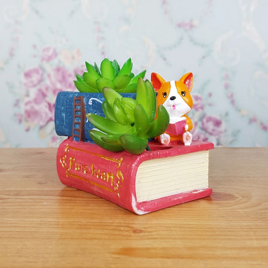 Garden Planters Wonderland | Cute Corgi Reading Book Succulent Pot For Home Decoration (Dark)