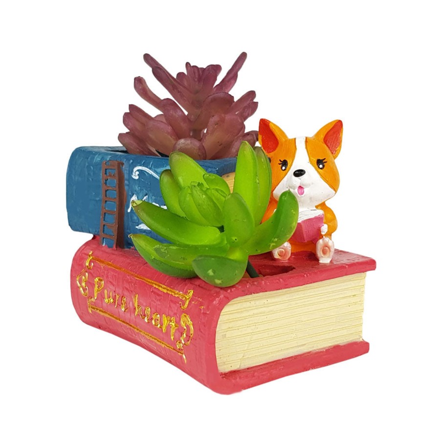 Garden Planters Wonderland | Cute Corgi Reading Book Succulent Pot For Home Decoration (Dark)