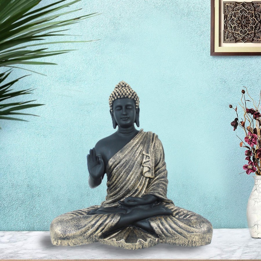 Garden Decor Wonderland Garden Statues | 14 Inches Buddha Statue For Home Decoration (Black & Golden)