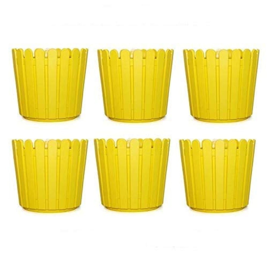 Garden Planters Wonderland | 8 Inches Plastic Round Fence Garden Pots For Outdoor (Set Of 6) (Yellow)