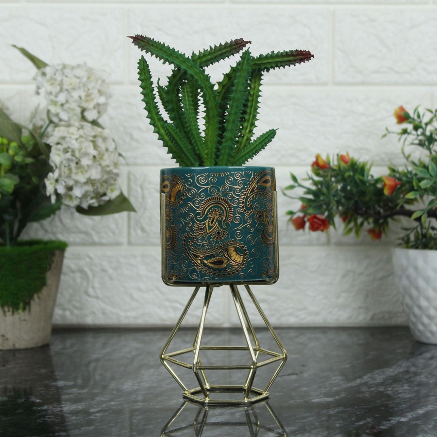 Garden Planters Wonderland | Blue And Gold Ceramic Pot With Artificial Succulent And Stand