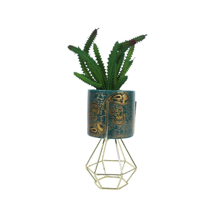 Garden Planters Wonderland | Blue And Gold Ceramic Pot With Artificial Succulent And Stand