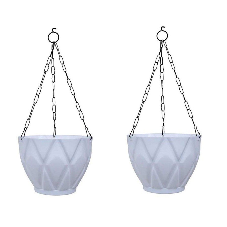 Garden Planters Wonderland | (Set Of 2) Hanging Solitaire Pot With Chain And Drain Base For Home Garden, White