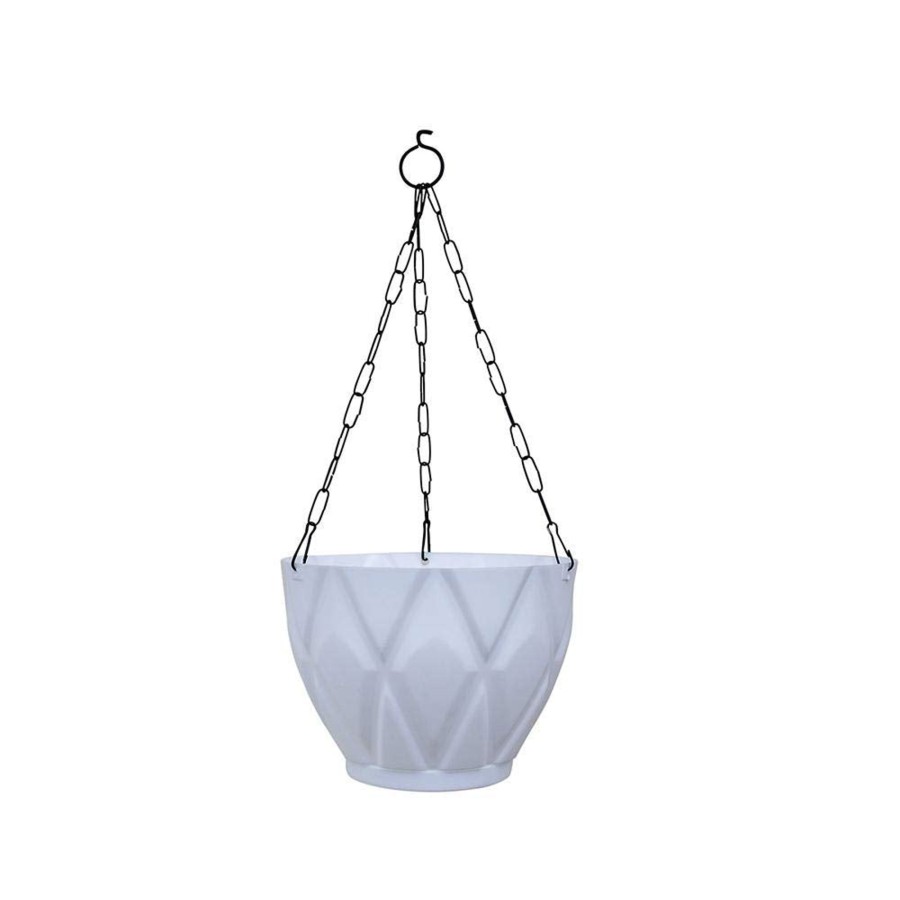 Garden Planters Wonderland | (Set Of 2) Hanging Solitaire Pot With Chain And Drain Base For Home Garden, White