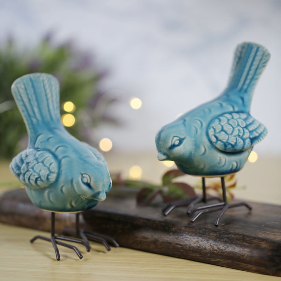 Home Decor Wonderland Animal And Bird Figurine | Wonderland Imported Off Sea Green Ceramic Bird With Legs (Set Of 2)