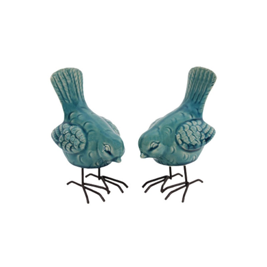 Home Decor Wonderland Animal And Bird Figurine | Wonderland Imported Off Sea Green Ceramic Bird With Legs (Set Of 2)