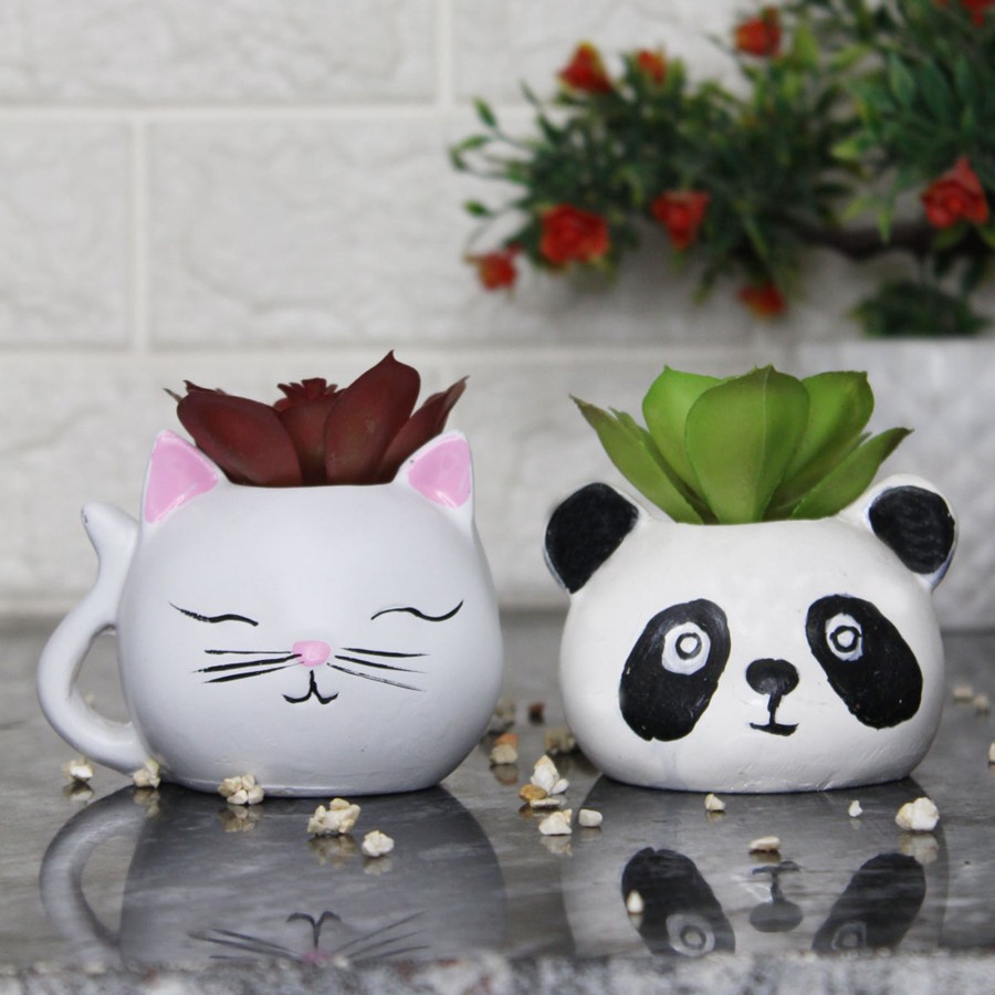 Garden Planters Wonderland | (Set Of 2) Panda And Kitty Succulent Pot For Home Decoration