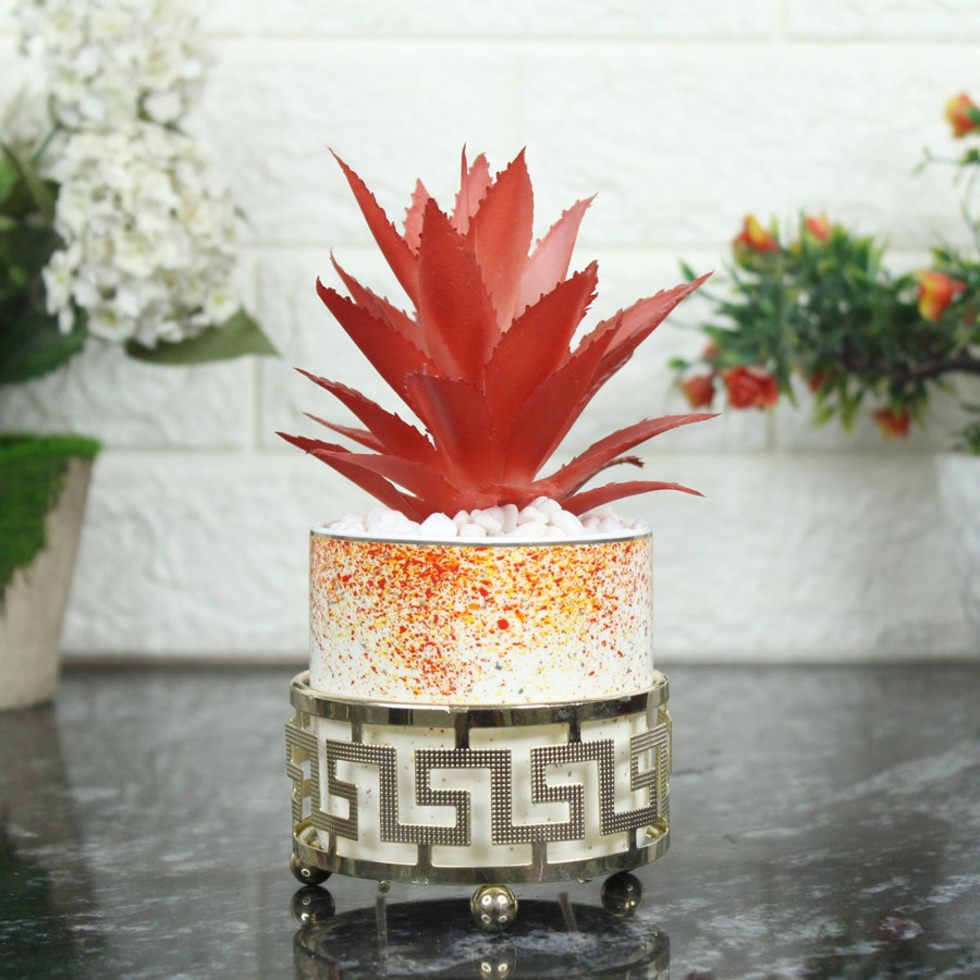 Artificial Turf Plants Wonderland | Orange And Gold Ceramic Pots With Artificial Plant (Table Top)