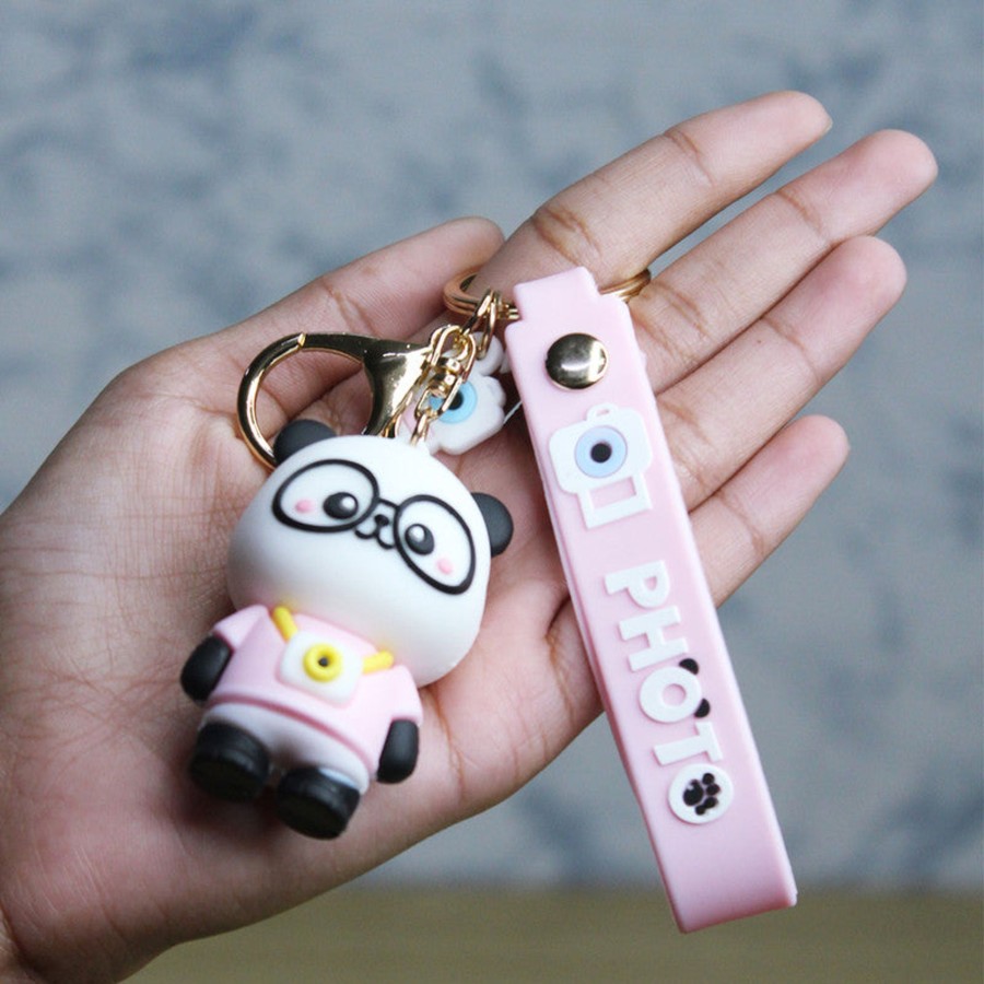 Gifts Wonderland | Wonderland Panda Photo Keychain In Pink 2-In-1 Cartoon Style Keychain And Bag Charms Fun And Functional Accessories For Bags And Keys