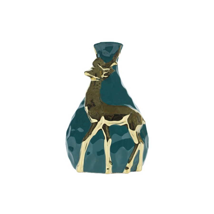 Home Decor Wonderland Flower Vases And Template Jar | Ceramic Golden Deer Green Flower Vase