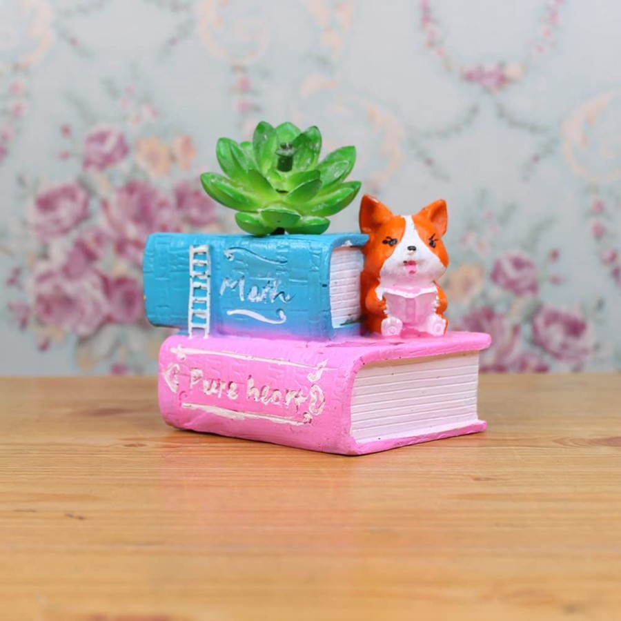 Garden Planters Pot | Cute Corgi Reading Book Succulent Pot For Small Plants (Light Pink)