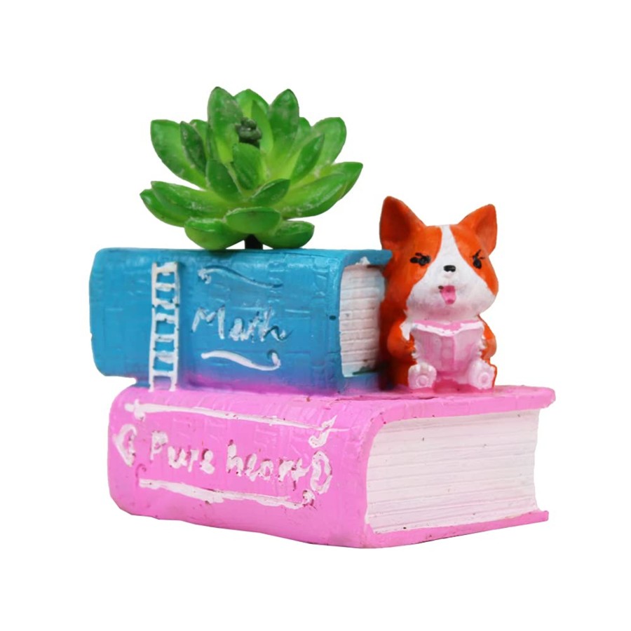 Garden Planters Pot | Cute Corgi Reading Book Succulent Pot For Small Plants (Light Pink)