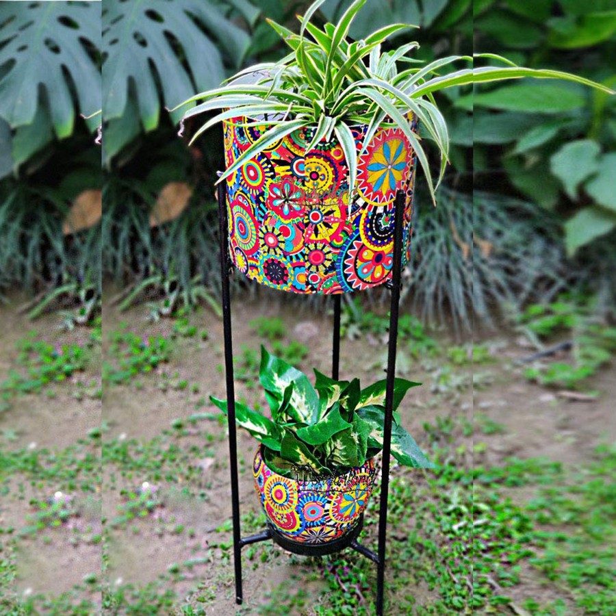 Garden Planters Wonderland | Double Pot With Stand For Home And Balcony Decoration (Multicolor)