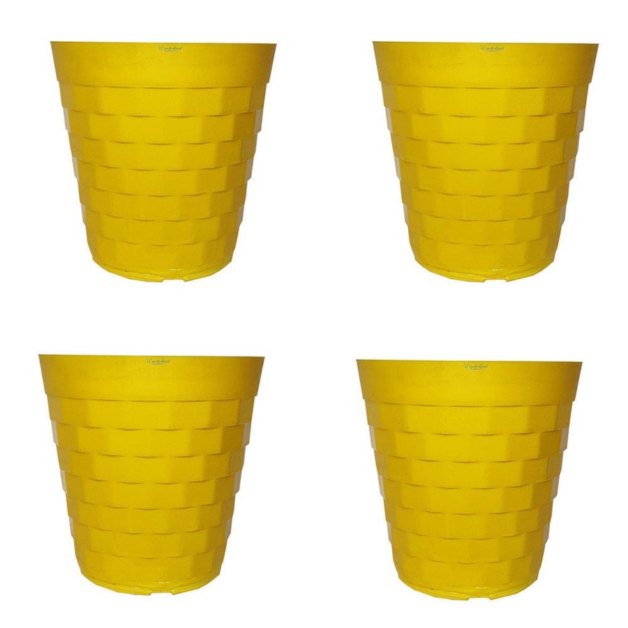 Garden Planters Wonderland | ( Set Of 4) 10 Inches Brix Plastic Round Garden Pots For Outdoor(Yellow)