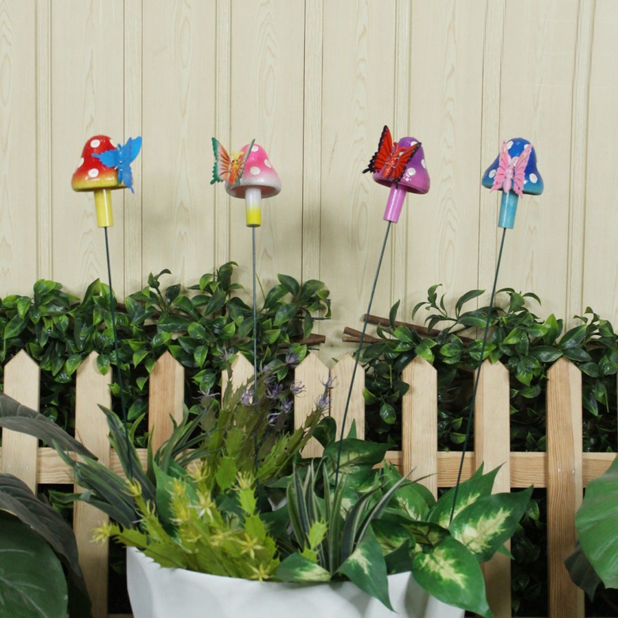 Garden Decor Wonderland Garden Stickes | (Set Of 4) Butterfly On Mushroom Stake/Stick For Garden Decoration