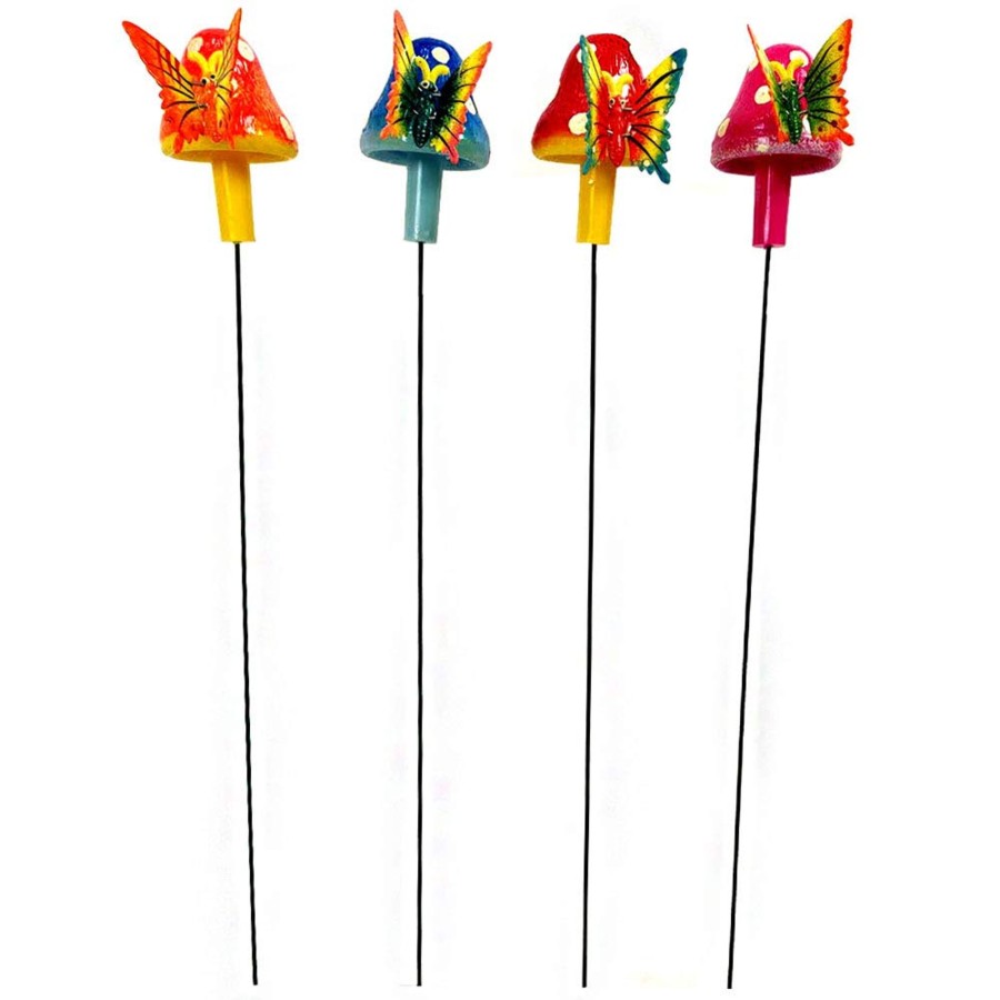 Garden Decor Wonderland Garden Stickes | (Set Of 4) Butterfly On Mushroom Stake/Stick For Garden Decoration