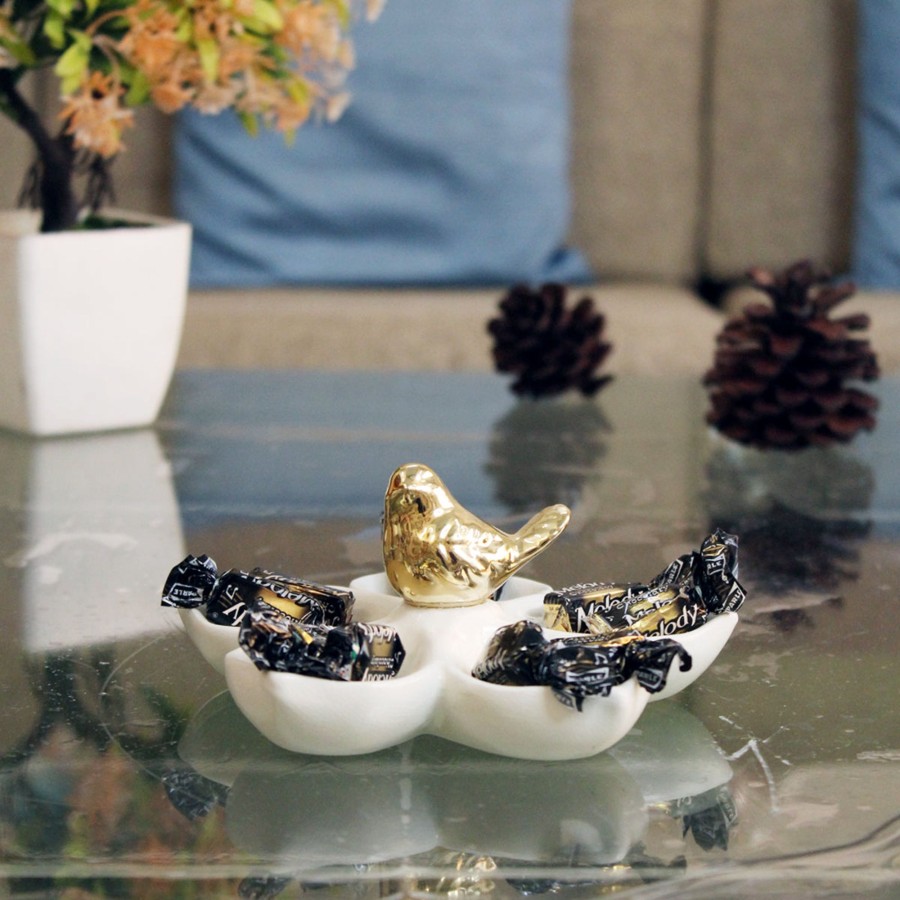 Home Decor Wonderland Trays & Platters | Ceramic Leaf Tray, Platter With Golden Bird For Trinkets, Candy, Dry Fruit Etc