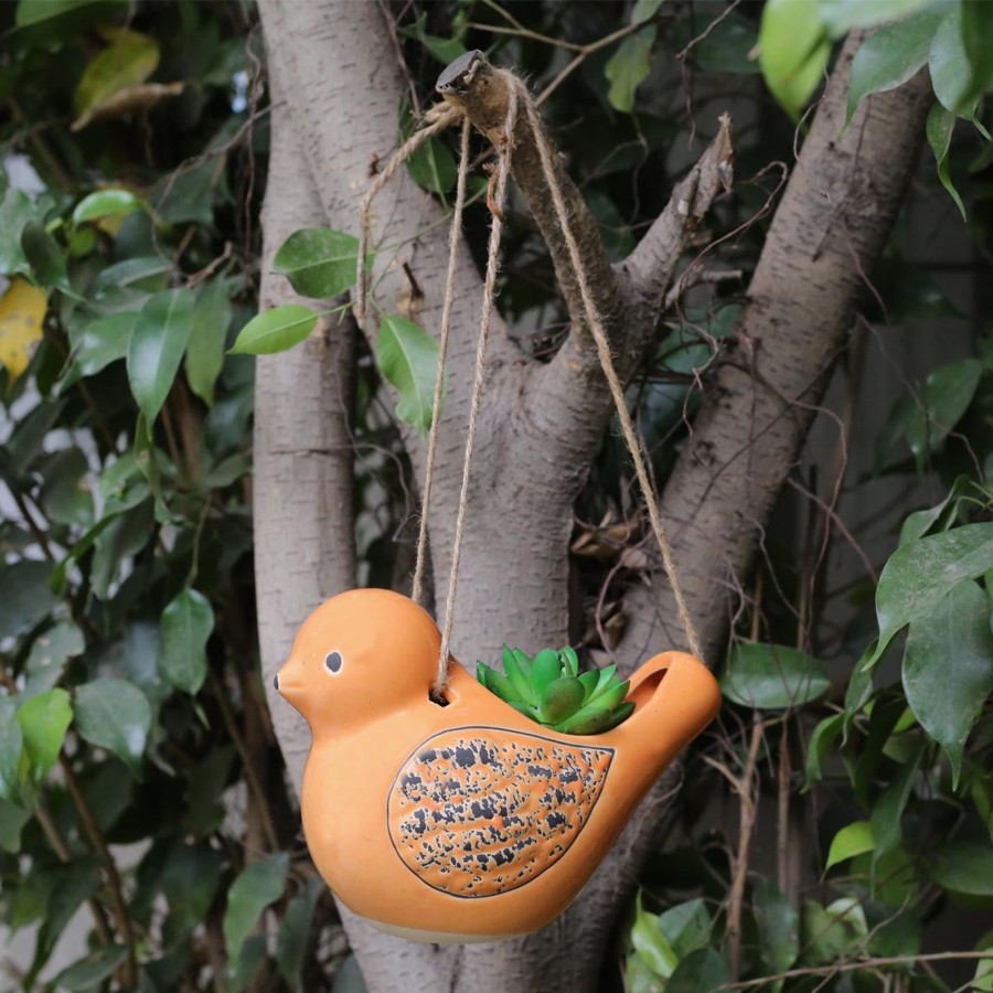 Garden Planters Wonderland | Ceramic Hanging Bird Pot Home And Garden Decoration (Mustard)