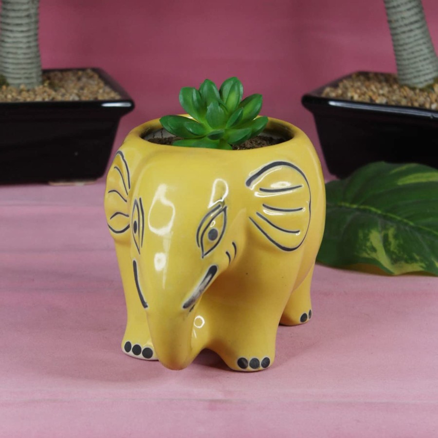 Garden Planters Wonderland | Ceramic New Elephant Pot For Home Decoration (Yellow)