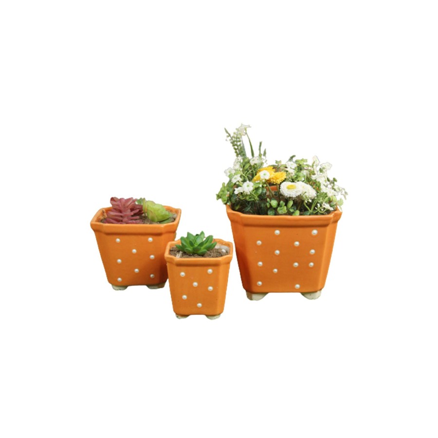 Garden Planters Wonderland | (Set Of 3) Ceramic Conical Pots Flower Pot (Orange)